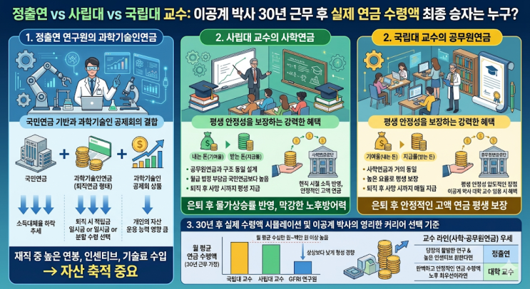  정출연 vs 사립대 vs 국립대 교수, 이공계 박사 30년 근무 후 실제 연금 수령액 최종 승자는 누구?