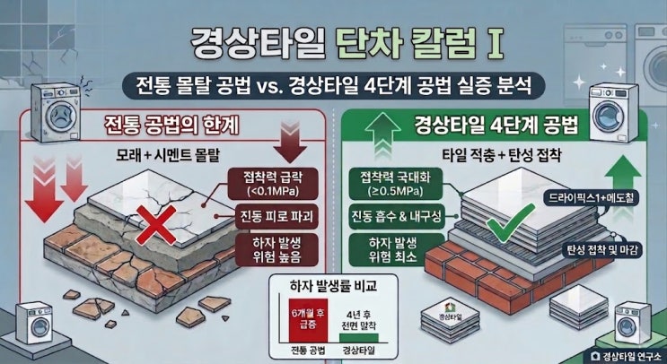  경상타일 단차 칼럼 I: 세탁기 단차 시공 모래+시멘트 몰탈 방식이 하자의 원인인 이유 — 재료공학에 기반한 완전 분석