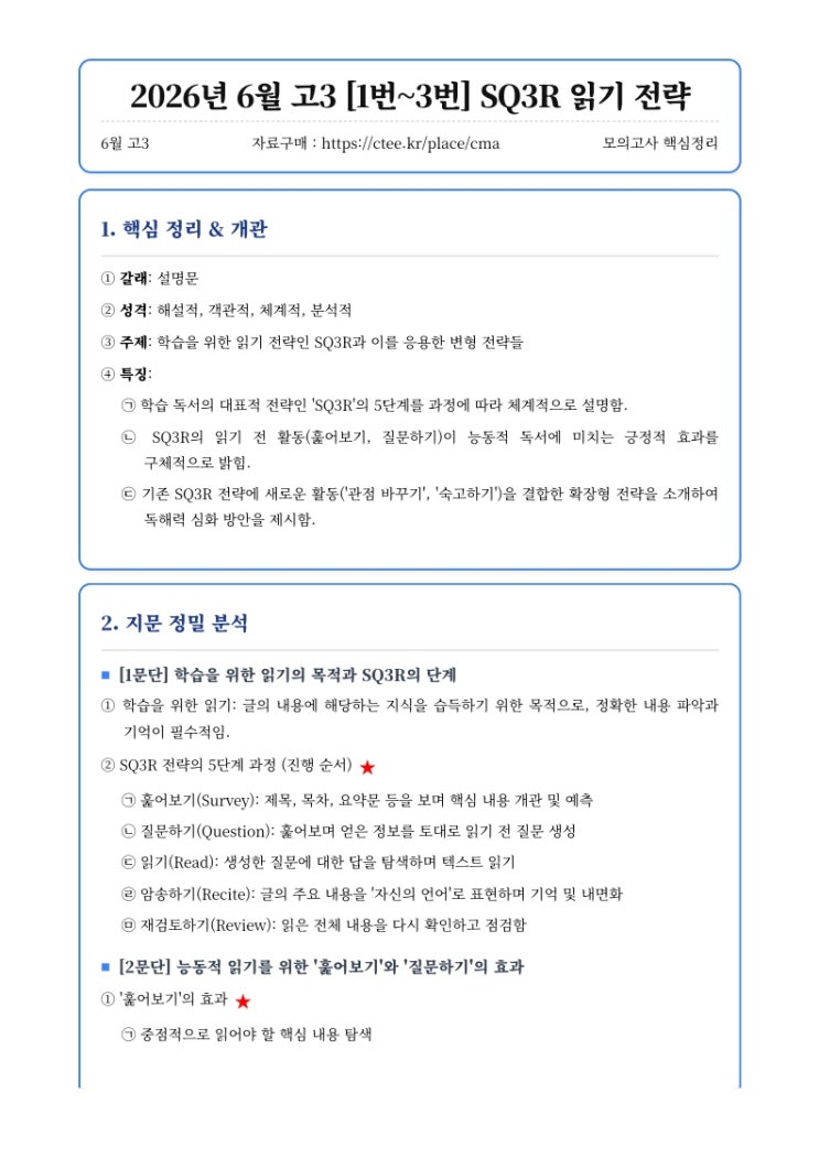  2026년 6월 고3 [1번~3번] SQ3R 읽기 전략 핵심정리&변형문제