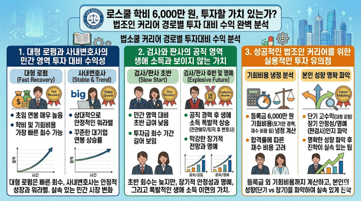  로스쿨 학비 6,000만 원, 투자할 가치 있는가? 법조인 커리어 경로별 투자 대비 수익 완벽 분석