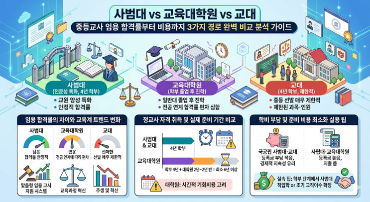  사범대 vs 교육대학원 vs 교대, 중등교사 임용 합격률부터 비용까지 3가지 경로 완벽 비교 분석 가이드