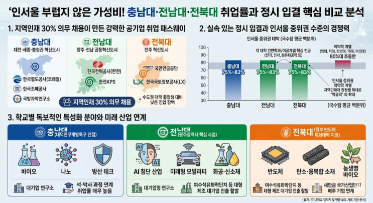  인서울 부럽지 않은 가성비! 충남대·전남대·전북대 취업률과 정시 입결 핵심 비교 분석