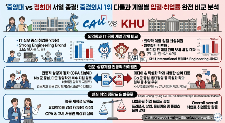  중앙대 vs 경희대 서열 종결! 중경외시 1위 다툼과 계열별 입결·취업률 완전 비교 분석