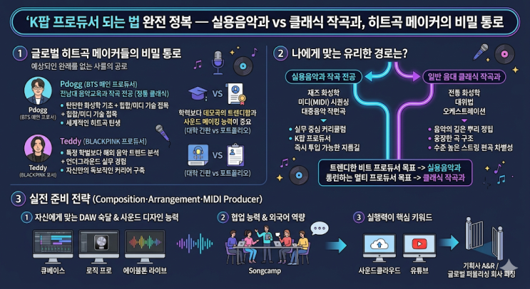  K팝 프로듀서 되는 법 완전 정복 — 실용음악과 vs 클래식 작곡과, 히트곡 메이커의 비밀 통로