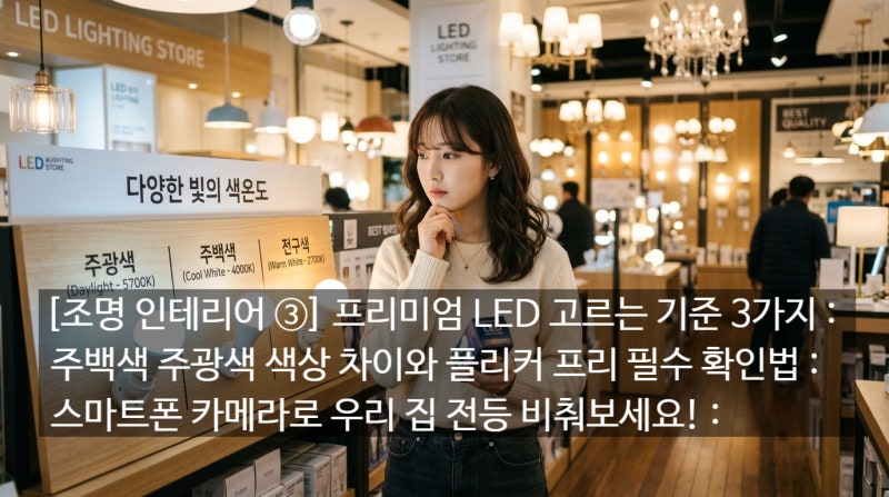 [조명 인테리어 ③] 프리미엄 LED 고르는 기준 3가지 : 주백색 주광색 색상 차이와 플리커 프리....