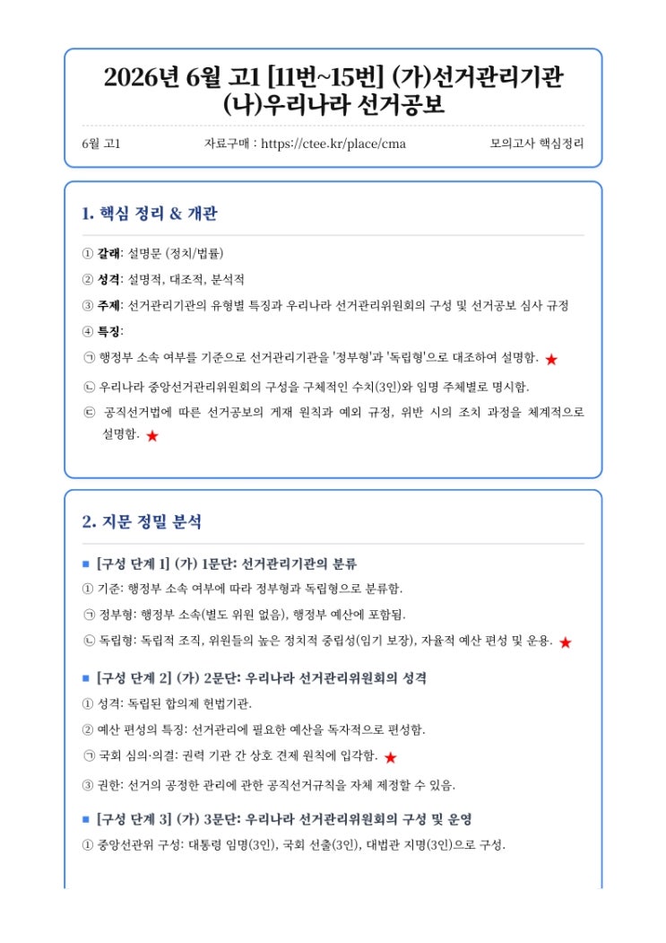  2026년 6월 고1 [11번~15번] (가)선거관리기관 (나)우리나라 선거공보 핵심정리&변형문제[창현고1국어영어CMA학원]