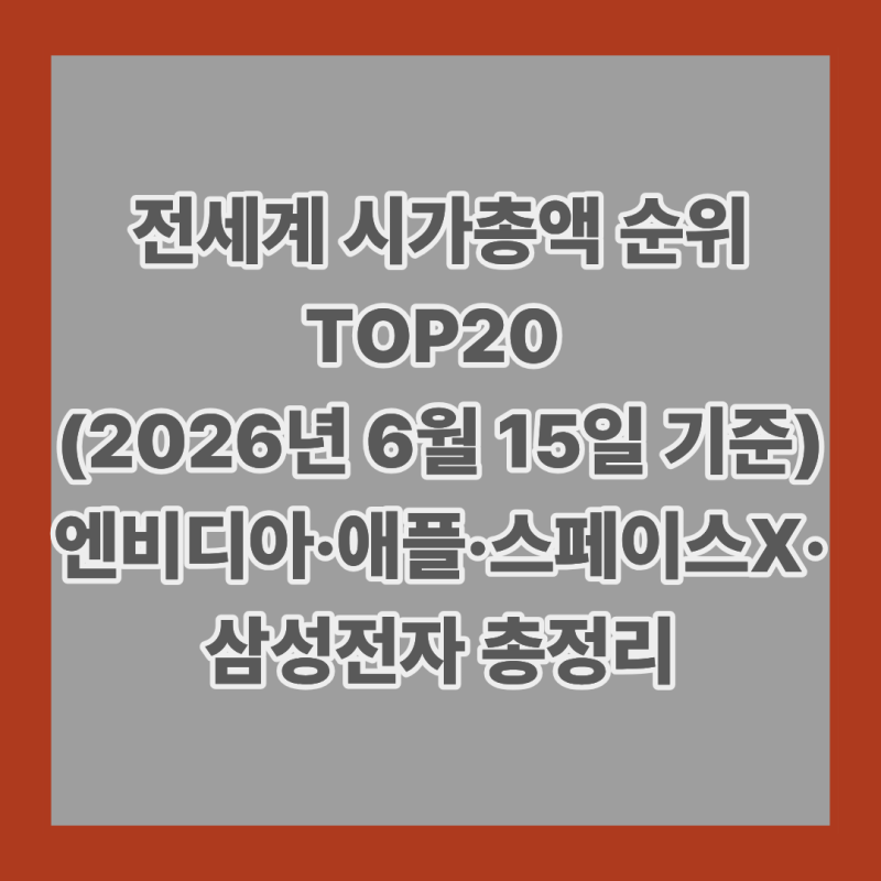 전세계 시가총액 순위 TOP20 (2026년 6월 15일 기준) 엔비디아·애플·스페이스X·삼성전자 총정리