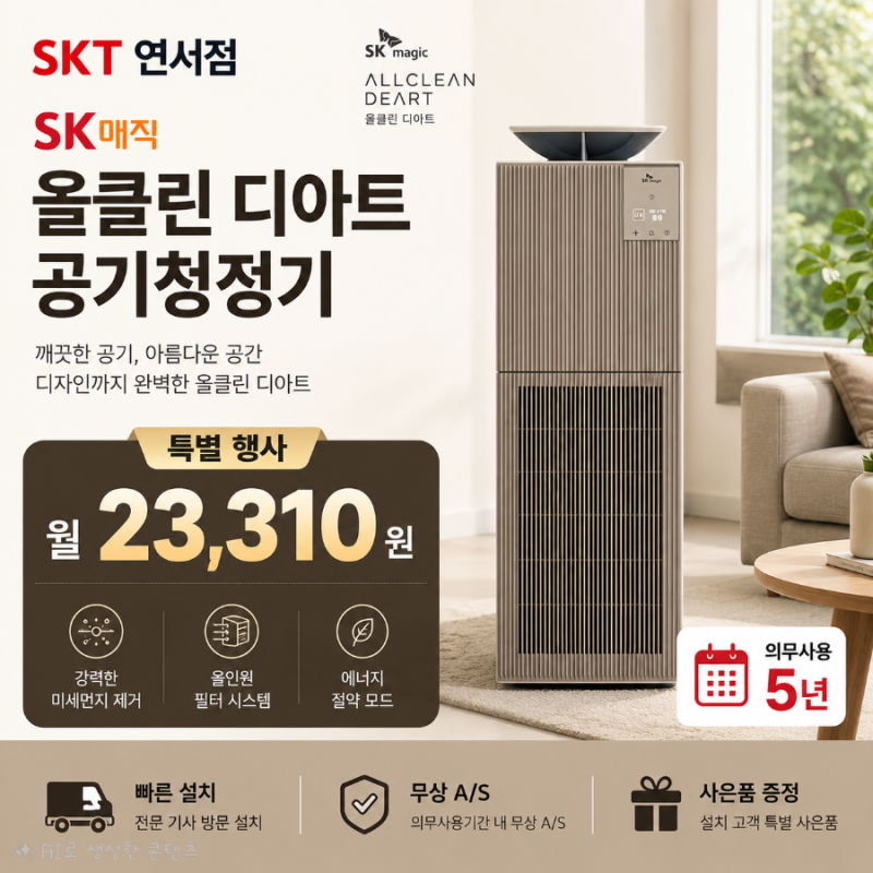 [26년 6월]공기는 깨끗하게, 공간은 아름답게! SK매직 올클린 디아트 공기청정기 렌탈 이벤트