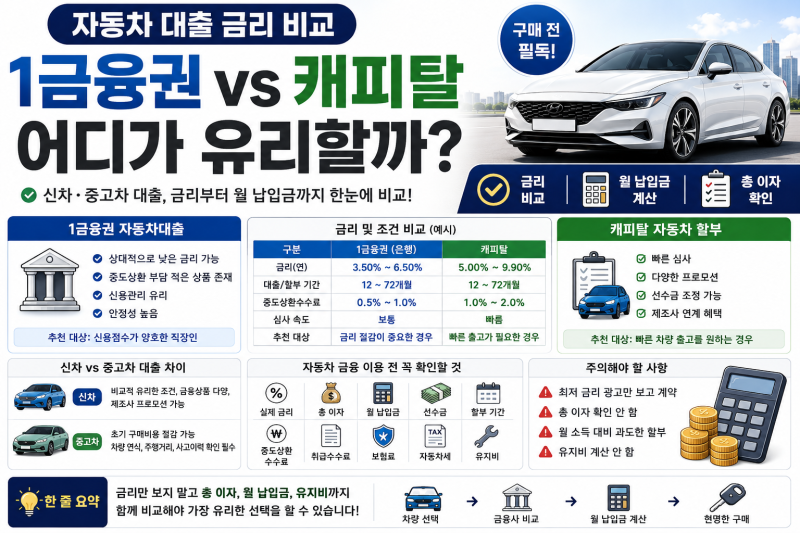 자동차 대출 금리 비교｜1금융권·캐피탈 어디가 유리할까? 신차·중고차 총정리