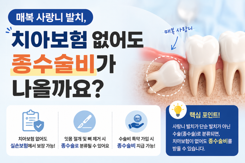 [보험 가이드] 수술비 청구 : 매복 사랑니 발치, 치아보험 없어도 종수술비가 나올까?