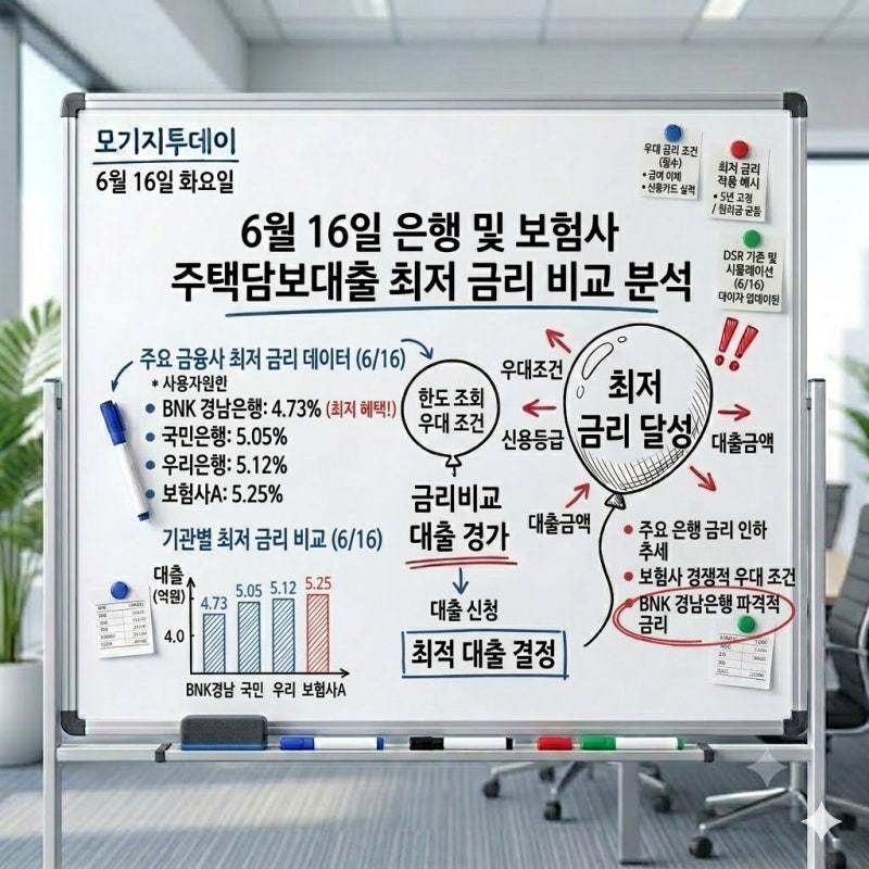 BNK 경남은행 주담대 금리 4.73% 등 6월 16일 은행 보험사 주택담보대출 최저 금리 비교