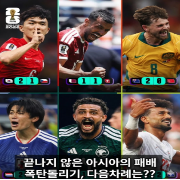 월드컵 들러리였던 아시아국가들이 달라지고 있다!! 1차전 6경기연속 무패가도!! 이제 이라크와 요르단-우즈베키스탄만 지지 않으면 대기록이 수립될수도!! 아시아국가들 화이팅!!