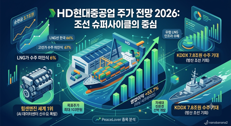 HD현대중공업 주가 전망 2026 — 영업이익 +55.7%·힘센엔진 세계 1위·KDDX 7.8조, 조선 슈퍼사이클....