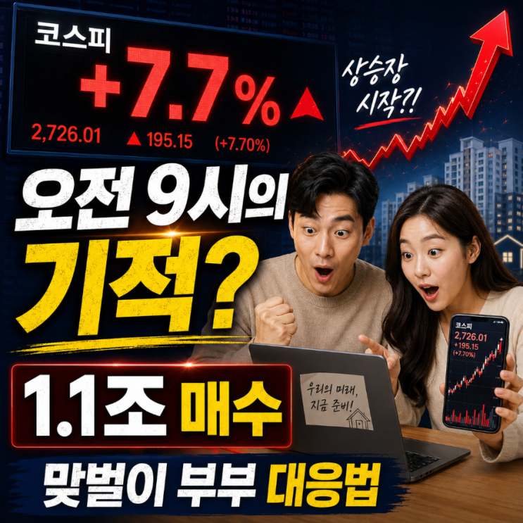  오전 9시의 기적? 코스피 7.7% 폭등과 1.1조 매수 폭탄! 2026년 불장 속 30대 맞벌이 부부의 대응