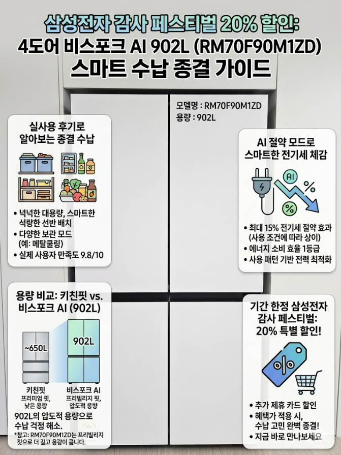  꼼꼼히 비교하고 고른 삼성냉장고 4도어 비스포크 902L RM70F90M1ZD 선택 가이드