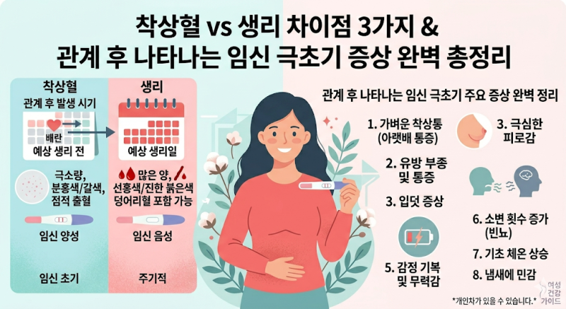 착상혈 시기 vs 생리 차이점 3가지, 관계 후 나타나는 임신 극초기 증상 완벽 총정리