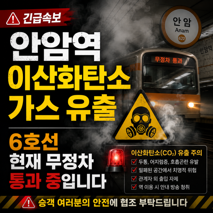 [속보] <b>안암역 이산화탄소</b> 가스 <b>유출</b>, 6호선 현재 무정차 통과... 