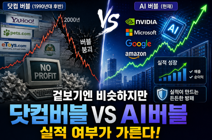  겉보기엔 비슷하지만 닷컴버블과 ai버블의 차이점과 유사점, 실적 여부가 가른다!
