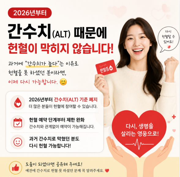 헌혈 간수치 ALT 기준 폐지, 간수치 때문에 막혔던 분들 이제 가능해요 (2026)