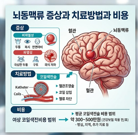 뇌동맥류 증상 비파열성과 파열 코일색전술 치료방법과 비용