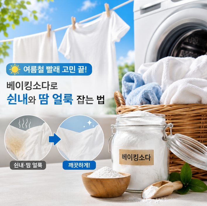 여름철 땀 얼룩 밴 옷 세탁법! 베이킹소다 빨래 쉰내 없이 하얗게
