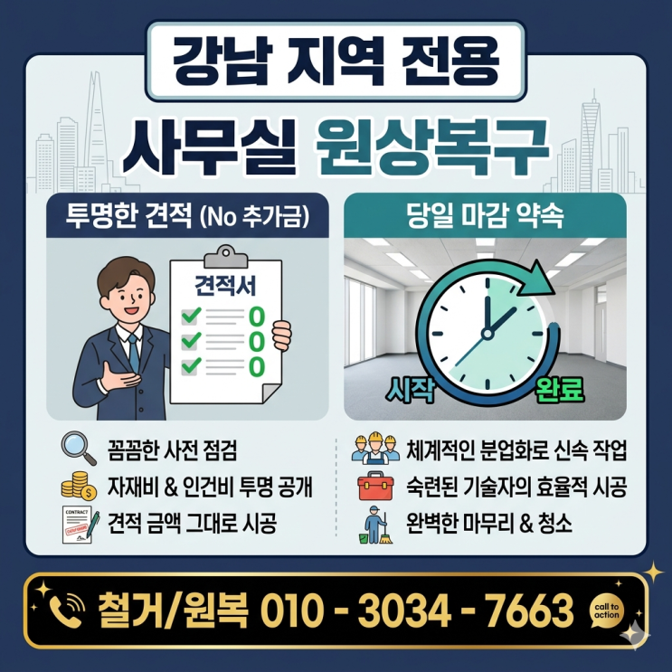  강남 사무실 원상복구 비용, 추가금 없는 투명한 견적으로 당일 마감합니다
