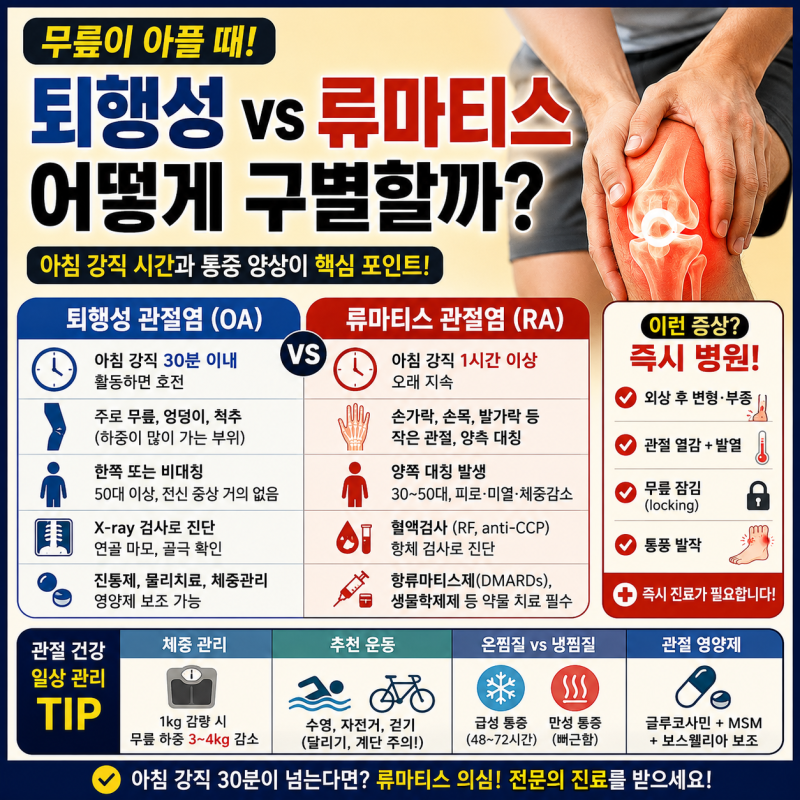 무릎이 아픈데 퇴행성인지 류마티스인지(관절 자가진단 완전 정리)