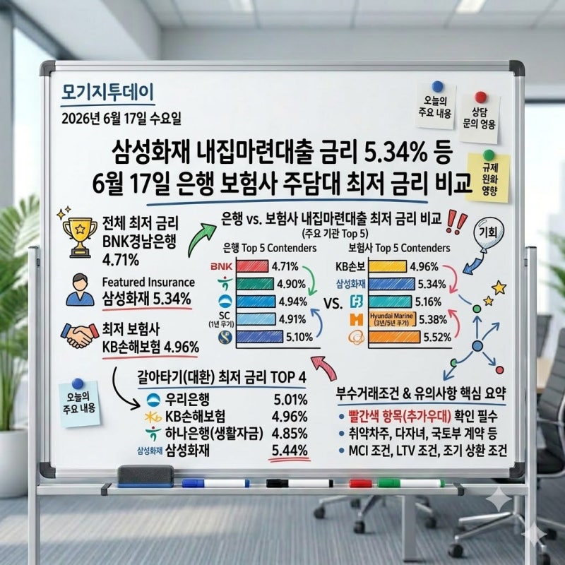 삼성화재 내집마련대출 금리 5.34% 등 6월 17일 은행 보험사 주담대 최저 금리 비교