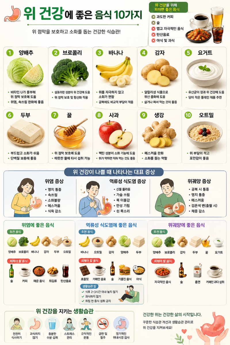 위염, 역류성 식도염, 위궤양에 따라 좋은 음식 총정리!