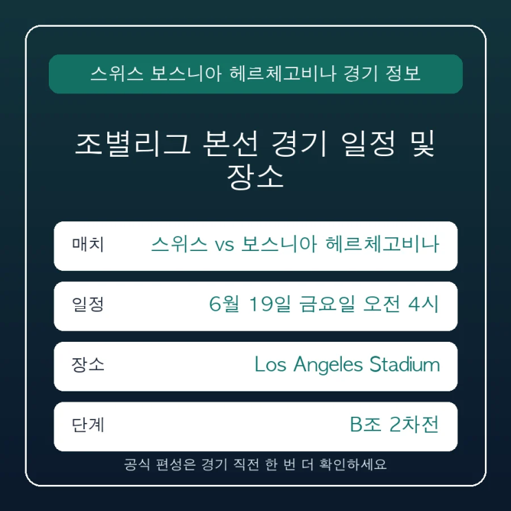 스위스 <b>보스니아 헤르체고비나</b> 중계 일정 경기 시간 및... 