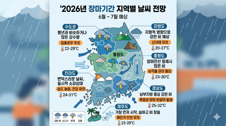 2026년 <b>장마</b>기간 지역별 날씨 전망과 여름철 집중호우 완벽... 