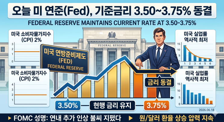 <b>미 연준</b>(Fed), 기준<b>금리</b> 3.50~3.75% <b>동결</b>… '연내 추가 인상... 