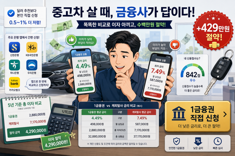 1금융권 중고차 할부 완벽 정리 2026 (신한 마이카 KB 매직카 하나 1Q 카카오뱅크 비교·다이렉....
