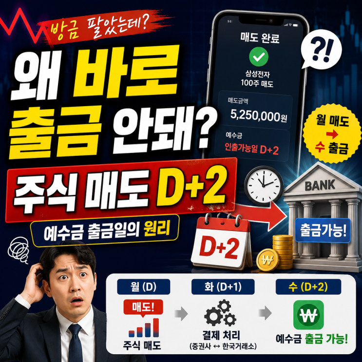  "방금 팔았는데, 왜 내 은행 통장으로 바로 송금이 안 되지?" 주식 매도 예수금 D+2 출금일의 원리