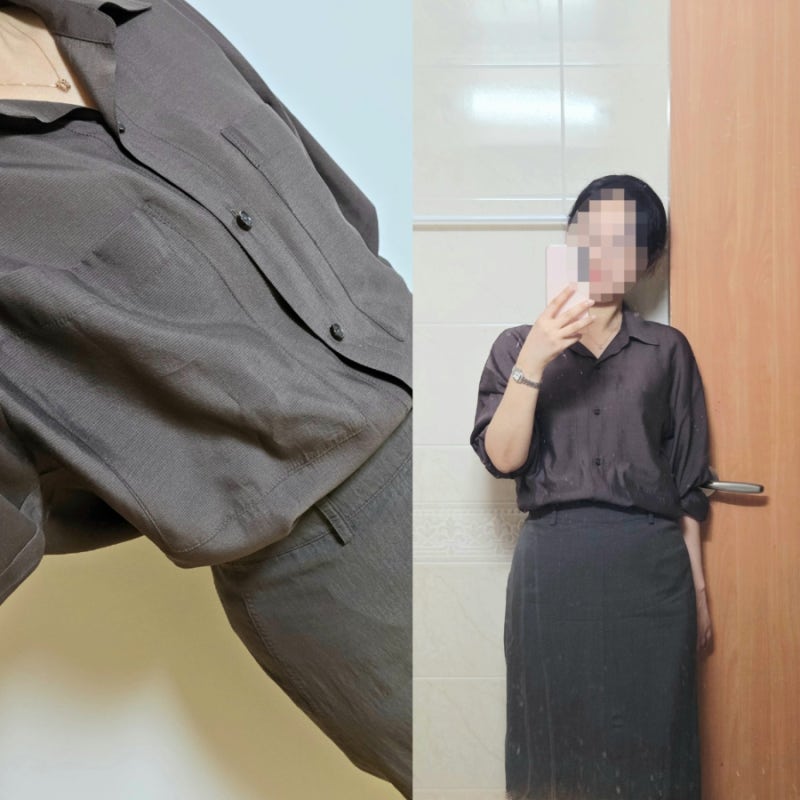 여름엔 브라운... 브라운 톤온톤 출근룩 코디 (쉬즈미스 셔츠블라우스, H라인 롱스커트)