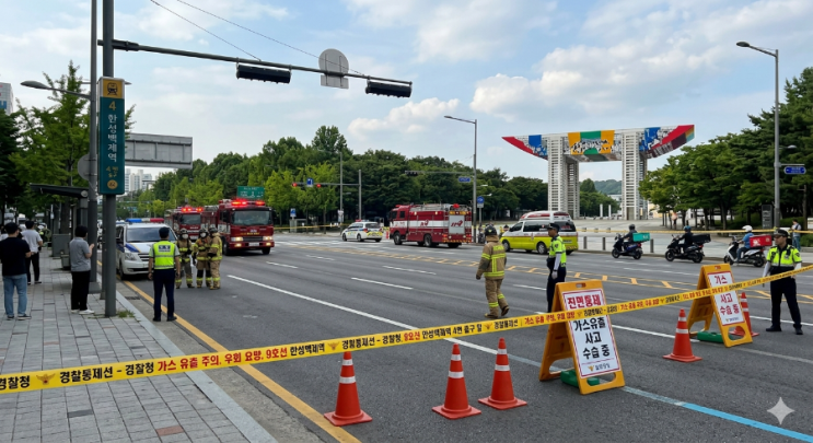 [긴급] <b>올림픽공원</b> <b>가스 유출</b> 발생! 한성백제역 인근 도로 전면... 