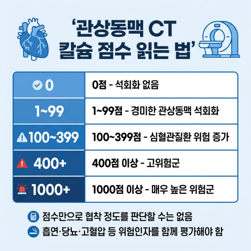 관상동맥 CT 칼슘 스코어 보는 법 0점 100점 400점 의미