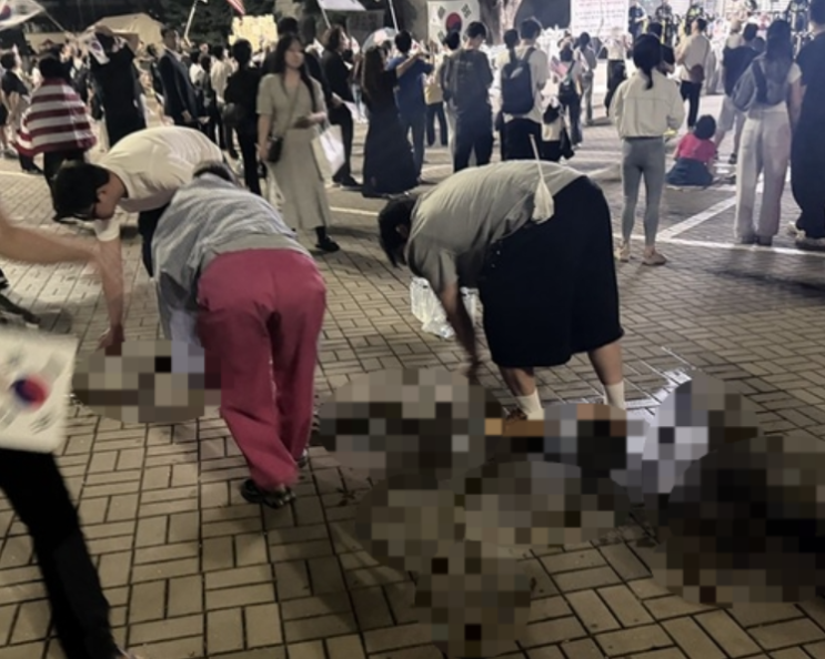 올림픽공원 <b>잠실개표소 봉쇄</b> 시위 현장 30대 흉기 자해 소동