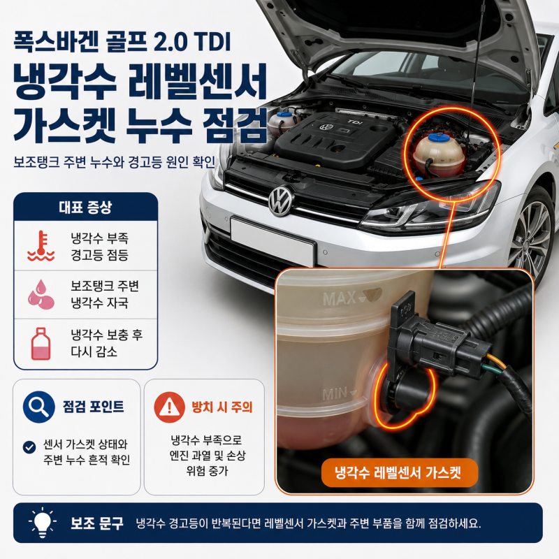 폭스바겐 골프 2.0 TDI 냉각수 레벨센서 가스켓 누수 증상과 교체 전 점검 포인트