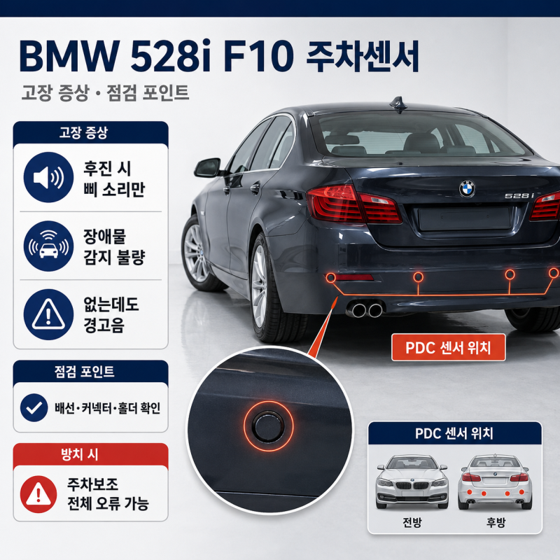 BMW 528i F10 주차센서 고장 증상과 교체 전 점검 포인트, 비용이 달라지는 이유