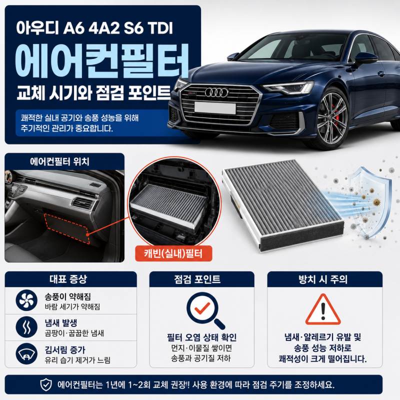 아우디 A6 4A2 S6 TDI 에어컨필터 교체시기와 냄새 증상, 비용 차이 정리