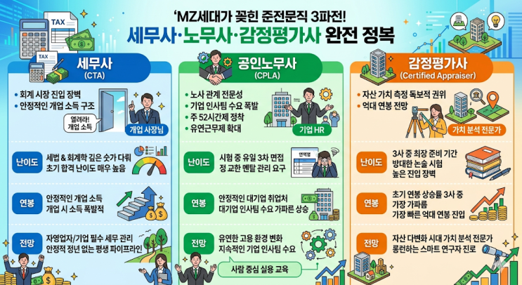  MZ세대가 꽂힌 준전문직 3파전! 세무사·노무사·감정평가사 난이도부터 연봉·전망까지 완전 정복