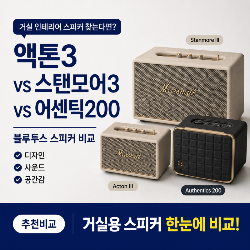 마샬 액톤3 vs 스탠모어3 vs JBL 어센틱200 — 거실 인테리어 블루투스 스피커 비교