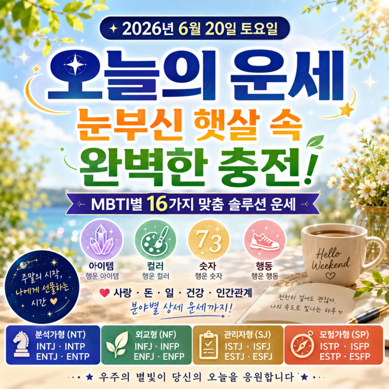 [오늘의 운세] 2026년 6월 20일 토요일, 눈부신 햇살 속 완벽한 충전! MBTI별 16가지 맞춤 솔루션 ....