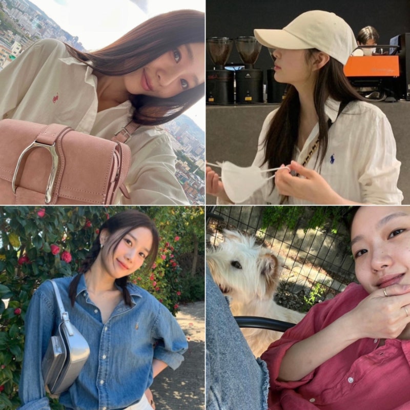 여자 연예인 폴로 랄프로렌 린넨 셔츠 코디 모음집(ft. 핑크, 데님, 흰색)