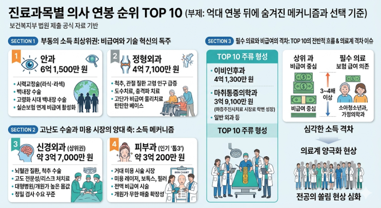  진료과목별 의사 연봉 순위 TOP 10 — 안과·정형외과·신경외과·피부과, 억대 연봉 뒤에 숨겨진 메커니즘과 선택 기준