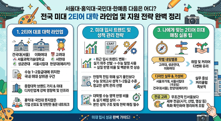  서울대·홍익대·국민대·한예종 다음은 어디? 전국 미대 2티어 대학 라인업 및 지원 전략 완벽 정리