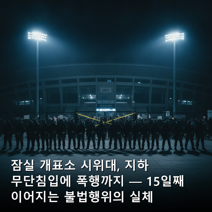 잠실 <b>개표소</b> 시위대, 지하 무단침입에 <b>폭행</b>까지 — 15일째... 