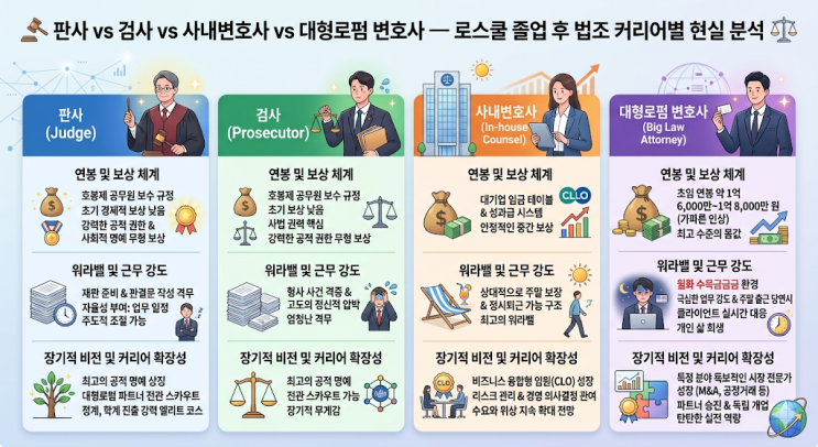  판사 vs 검사 vs 사내변호사 vs 대형로펌 변호사 — 로스쿨 졸업 후 선택하는 법조 커리어별 현실적 차이 완전 분석