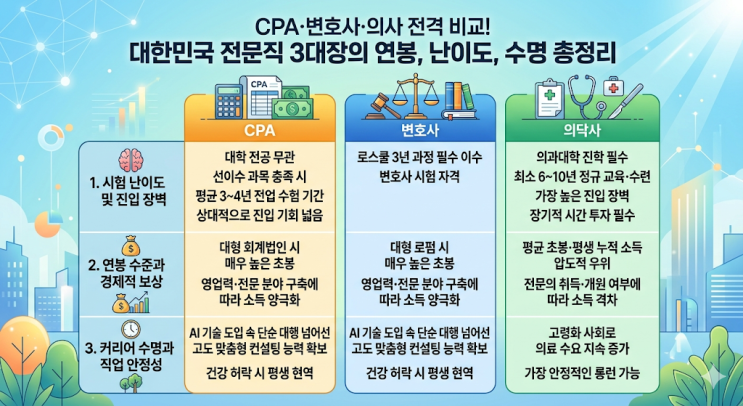  CPA·변호사·의사 전격 비교! 대한민국 전문직 3대장의 연봉, 난이도, 수명 총정리